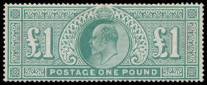 1902-10 KEVII De La Rue Printings &pound;1 dull blue-green SG 266, exceptional centring, unmounted, Cat &pound;2000++ (mounted; Spec Cat &pound;3500 unmounted). Superb! Chris Ceremuga Certificate (2011) states "...never hinged & original gum".