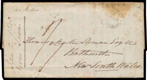 1840 (Jan 2) entire headed "Ship Mount Stuart Elphinstone" & signed "Sam Thomas" to New South Wales "pr Indus" with boxed 'CALCUTTA/GPO/SHIP LETTER/10FEB10/1840' datestamp in red on back, rated "1/7" in black to collect for 1/- packet rate, 3d coastal shi