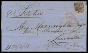 1858 entire letter headed "Calcutta 22nd Feby 1858" to Launceston "p Scotia" with East India 1a brown (consignee's rate?) & fair 'CAL/GPO' b/s in red, diamond arrival b/s of 26MY26/1858, forwarded to Hobart with rounded-boxed arrival d/s of the next day o