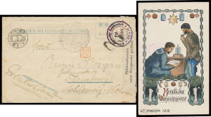 WORLD WAR I PRISONERS OF WAR MAIL: Excellent group from the camps at Aongahara with two covers to Germany, a beautiful 1918 POW Christmas card to Germany, & POW envelope with printed boxed '.../AONGAHARA' in pale blue to Schleswig-Holstein with British & 