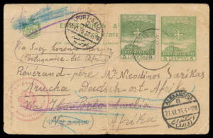 Inwards mail 1915 Turkey to Mozambique forwarded to "Kiboscho/Kilimanjaro DOA"; 1915 Greek Occupation of Chios 5L Postal Card uprated to "Arucha Deutsch-ost-Afrika" censored on arrival with 'Zensur passiert/Deutsch-Ostafrika' Eagle cachet in red on face; 