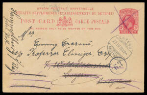 STRAITS SETTLEMENTS: 1915 (Mar 24) usage of 3c Postal Card with mss cancellation only, to Switzerland with 'LUZERN/27.1V.15/ BRIEFTRAGER' cds where redirected to Germany. From a German POW at Singapore who states, in English, "...I was indeed jolly please