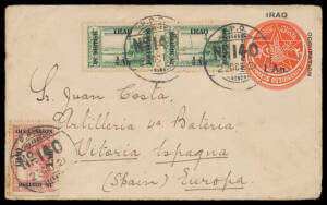 IRAQ: 1921 usage of '1 An' on 20pa Envelope to Spain (!) with Overprints '&frac12;An' on 10pa x2 & '1An' on 20pa tied by Indian 'FPO/No 140/22OCT21' cds used ar Ur Junction, minor blemishes. An attractive usage of a scarce item to a most unusual destination.