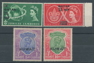 KUWAIT: 1929-37 Overprints on India KGV 5r SG 27 (very fine) & 10r SG 28 (tonespots), Cat &pound;440.