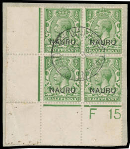 1916-23 Overprints on Great Britain KGV Heads &frac12;d green First Printing 'F 15' Control block of 4, central 'PO PLEASANT ISLAND/SE2/16/(NAURU)' (First Day of Issue) cds, on piece. [John Darnell's similar block of 4 sold for $632]