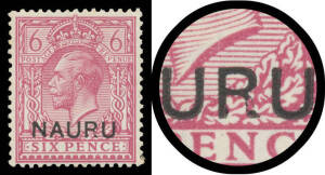 1916-23 Overprints on Great Britain KGV Heads 6d purple with 'NAUP.U' SG 10a, faint toning, lightly mounted, Cat &pound;1600. [Keith Buckingham didn't have a mint or used example of this stamp, which is the highest denomination on which 'NAUP.U' appears]