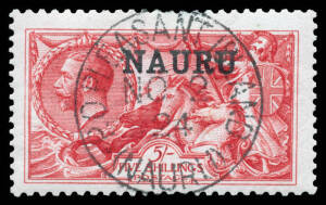 1916-23 Overprints on Great Britain Seahorses - WATERLOW PRINTINGS: 5/- rose-carmine SG 17, CTO with non-contemporary Madame Joseph 'PO PLEASANT ISLAND/NO2/24/(NAURU)' cds forgery, large-part o.g., Cat &pound;2250. Friedl Certificate (1980).