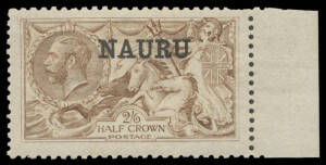 1916-23 Overprints on Great Britain Seahorses 2/6d deep sepia-brown with Double Overprint One Albino SG 19a marginal example from the right of the sheet, a couple of short perfs at upper-right, unmounted, Cat &pound;1700. BPA Certificate (1968). [Keith Buckingh