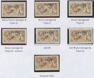 1916-23 Overprints on Great Britain Seahorses 2/6d shades with varieties comprising Damaged 'A' Type 1, Damaged 'A' Type 2 x2 (one an advanced state), Split 'N', Split 'N' & Damaged 'A' Type 2 and Dropped (Sloping) Clich&eacute;, Cat &pound;490++ minimum (as normal st