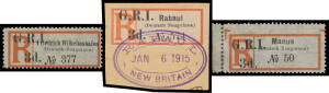 Useful selection with 6mm Spacing '1d.' on 5pf pair, '2d.' on 20pf & '4d.' on 40pf all used, 'GRI/3d' Registration Labels 'Rabaul' SG 33 (used on piece), 'Friedrich-Wilhelmshafen' SG 35f & 'Manus' SG 39 both with large-part o.g., Marshalls '2d.' on 10pf b