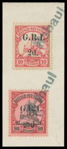 1914-15 5mm Spacing '2d.' on 10pf, '3d.' on 25pf, '5d.' on 50pf & '8d.' on 80pf SG 18 22 25 & 26 tied to three small pieces by very fine strikes of the straight-line 'Rabaul' h/s in bluish black, Cat &pound;1300+.
 (4)