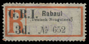 1915 'G.R.I./3d.' on German Registration Labels 'Rabaul/(Deutsch Neuguinea)' SG 33, oval Rabaul d/s in violet, Cat &pound;325.