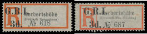1915 'G.R.I./3d.' on German Registration Labels 'Herbertsh&ouml;he/(Deutsch Neuguinea)' & 'Herbertsh&ouml;he//(Deutsch Neu-Guinea)' SG 36 & 36e, unused, Cat &pound;800.