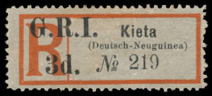1915 'G.R.I./3d.' on German Registration Labels 'Kieta/(Deutsch-Neuguinea)' SG 38, unused, Cat &pound;450.