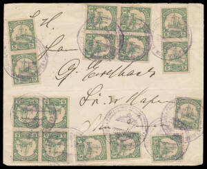 1914 (late) philatelic cover with German New Guinea 5pf x16 tied by nine good to very fine strikes of the defaced 'KAISERLICHES BEZIRKSGERICHT/[Eagle]/FRIEDRICH-WILHELMSHAFEN' court seal & another clear strike on the reverse, central horizontal fold clear