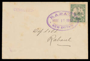 1915 local cover with very fine '1d.' on 5pf green additionally overprinted 'O.S.' SG O2 (Cat &pound;140 x8+ on cover) tied by oval Rabaul d/s of MAY 10 1915 in violet, very fine 'CENSORED.' h/s in violet, faint tonespots.