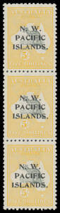 1915-16 Kangaroos Second Wmk 5/- grey & chrome-yellow SG 92 abc strip, well centred, the two lower units are unmounted, Cat &pound;300++.