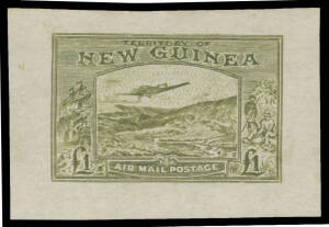 1939 Bulolo Airmails &pound;1 "die proof" of the Panelli forgery in the issued colour on gummed (!) unwatermarked wove paper (52x35mm). Superb!