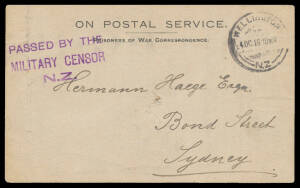 1916 (Oct 4) usage of POW Postal Card with printed multiple-choice message from a German POW on Motuihi Island to a German (parolee?) in Sydney with superb 'PASSED BY THE/MILITARY CENSOR/NZ' cachet in violet, vertical fold at left. Ex Neil Russell.