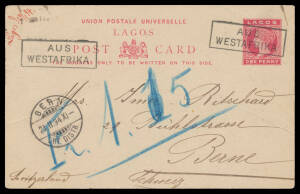 LAGOS: 1894 1d red Postal Card commercially used to Switzerland endorsed "Lagos/28/1/94" on face in red, posted directly onto German Woerman Line mail steamer with boxed 'AUS/WESTAFRIKA' cachet used as canceller and another very fine strike alongside appl