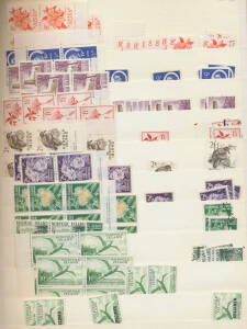 1947-89 dealer's stock arranged in three binders with 10/- Bird x10 plus 'SPECIMENi x3, 1960 Surcharges x9 sets, 2/8d Local Government x10, Fish x18 sets, Ships x20 sets, Birds x20 sets, useful range of decimal definitive and commemorative sets, many bloc