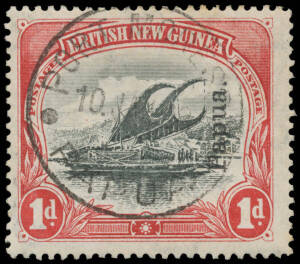 1907 Small 'Papua' Overprints Watermark Vertical Thin Paper 1d black & carmine with the Overprint Vertical SG 39a, Port Moresby cds, Cat &pound;4500. Ex GJ Hutson. RPSofL Certificate (1929). [Peter Troy's better centred example - 'apua' only visible - sold for 