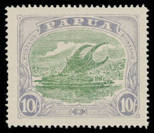 1916-31 Bicolours 10/- perforated plate proof in the issued colours on poor quality ungummed unwatermarked wove paper, well centred. [Only a block of 20 (5x4) - the lower-half of one sheet - is believed to have survived, including the imprint block of 6 &