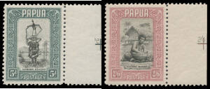 1932 Pictorials 5d Masked Dancer with '5d' (Reversed) & 2/6d Pottery Making with '2/6' printed in the margins at right, unmounted. Very scarce.