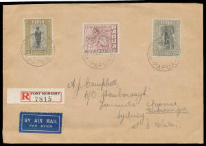 1932 Pictorials 5/- Policeman, 10/- Fire & &pound;1 Delta House on 1938 registered airmail cover to NSW, Cat &pound;355 as used stamps. A rare albeit philatelic franking.