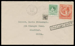 1938 commercial cover to China with scarce franking of Coronation 1d + 2d Bird of Paradise tied by 'CAIRNS' slogan cancel with superb boxed 'PAQUEBOT' h/s below, 'SHANGHAI' arrival b/s & Chinese "chop" on the face.