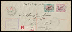 OFFICIAL MAIL: Display pages all with Lakatoi frankings including 1902 double-rate to USA with BNG 2&frac12;d pair, 1908 to "Graz/Germany" (error for Austria) with Small 'PAPUA' 2&frac12;d, 1912 registered to Austria with Monocolours 1/-, 1930 double-rate (1&frac12;d x2 + 3d 
