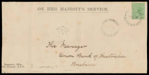 OFFICIAL MAIL: 1896 OHMS cover with 'Tresurer's Office/Port Moresby BNG' imprint at lower-left, to Brisbane with rare commercial franking of Queensland Lined Background 6d green tied by one of two strikes of the 'PORT MORESBY/ 14SE96/BRITISH NEW GUINEA' c