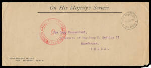 OFFICIAL MAIL: 1915 stampless OHMS cover with 'GOVERNMENT HOUSE/PORT MORESBY' imprint at lower-left and '[crown]/PAPUA' on the flap, to "Camp Commandant/Prisoners of War Camp.../Ahmednagar/India" with Port Moresby cds of 20JUL15, Singapore & rubber 'POSTA