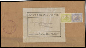 OFFICIAL MAIL: 1928-35 good-size pieces from parcels each with Government Printing Office addressing label, all to Evan Gill in England with Monocolour 'OS' punctures ½d & 2½d or 2d, Monocolours 1d + Bicolours 1d pair, or Bicolours 1d pair, condition vari