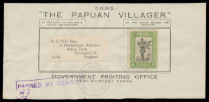 OFFICIAL MAIL: 1930s Government Printing Office OHMS wrapper fronts (one is complete) to Evan Gill in England, various types including for "The Papuan Villager" x2, 1d frankings comprising punctured 'OS' 1d Monocolour x3 & Bicolour x2, overprinted 'OS' 1d