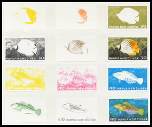 1976 Tropical Fish complete set of Courvoisier imperf colour separation proofs for unissued denominations 7t & 10t (issued as 30t & 15t respectively) plus 30t (issued as 40t) & 40t (issued as 5t) all affixed to the official archival album pages [#1600/41 