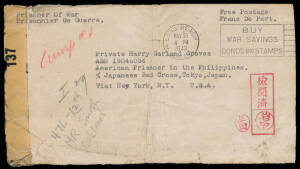 1943-45 three covers sent unfranked plus a letter (without envelope) to US servicemen held in Japanese Prisoner of War Camps in the Philippines with range of censor markings, the first two in early 1943 carried by Red Cross ship Gripsholm on the second PO