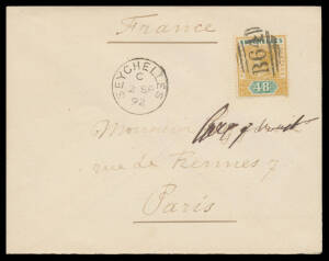 Mauritius QV 8c strip of 3 with three good to fine strikes of 'B64' cancel, 1892 & 1896 - registered - philatelic covers to France or Germany, 1901 usage to Germany of '18 CENTS' on 30c Envelope, and 1908 "Victoria Memorial" PPC with KEVII 3c.
 (5 items)