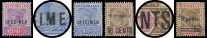 1890-1900 QV Issues SG 1-8, 22-25 & 28-36 all with 'SPECIMEN' Overprint plus 15c blue with Broken 'M' in Overprint (only 12 possible), and the Local Surcharges with 'SPECIMEN' Handstamp comprising SG 26-27 plus an extra '18 CENTS' with Short 'T' in 'CENTS