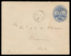 ENVELOPES: 1895 15c blue "Square" Format H&M #E2a with fancy 'VENTILATOR' (ship?) impressed in red wax on the flap, to England with '1' code cds - used 10 months only - & superb 'STEVENAGE' arrival b/s, minor blemishes.