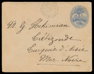 ENVELOPES: 1895 15c blue "Square" Format H&M #E2a to an Armenian at "Trebizonde/Turquie d'Asie/Mer Noire" (= Black Sea), light cds & octagonal 'MARSEILLE A LA REUNION/12/MAI/06/LV No1' d/s, French Post Offices backstamps of 'PORT SAID', light 'CONSTANTINO