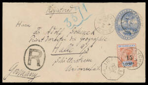 ENVELOPES: 1895 15c blue "Rectangle" Format H&M #E2b to a geography teacher in Germany in 1896 uprated with '15/cents' on 16c Die II tied by code 'A' cds & octagonal 'LIGNE T/PAQ FR No 1' marine sorter d/s, superb 'R'-in-oval h/s, 'HALLE (SAALE)/ 2 /ANKUF