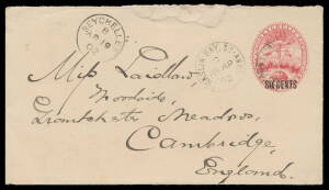 ENVELOPES: 1900 'SIX CENTS' on 8c carmine "Rectangle" Format H&M #E5b to England in 1902 with two strikes - one faint - of the scarce 'PRASLIN BAY ST ANSE' cds & code 'B' (upright) transit cds, Cambridge arrival b/s, repaired opening tears at the top well