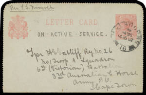 BOER WAR: 1902 (Oct 4) Victorian 2d Letter Card to a member of the ".../6th (Victorian) Battalion/3rd Australian Horse/Army PO/Cape Town" endorsed "Per SS Nineveh" with 'CAPE TOWN/JY2/02/+' arrival backstamp. Ex Neil Russell.