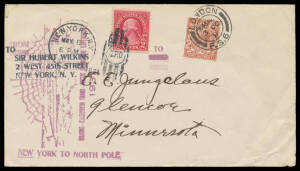 ARCTIC: 1931 (May) Wilkins-Ellsworth Trans-Arctic Submarine Expedition covers each with cachet in purple & straight-line "NEW YORK TO NORTH POLE" or "NEW YORK TO SPITSBERGEN" cachets & with additional frankings of GB 1&frac12;d or Norway 10o & 20o. (2)