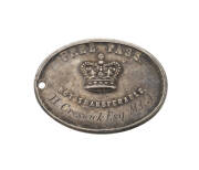 AUSTRALIA, VICTORIA Silver Railway Pass (oval 35mm x 24.5mm), 'FREE PASS' / [crown] / 'NOT TRANSFERABLE' engraved 'H. Creswick Esq. M.L.A', obv. 'VICTORIAN / RAILWAYS' prospector with pick and shovel, kangaroo left, ram right in front of  train crossing v - 2