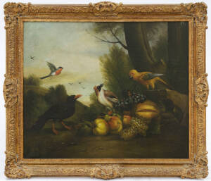 European School, 19th Century Birds and fruit in a landscape
