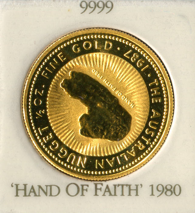 GOLD NUGGET SERIES; 1987, $50.00, ½oz, "Hand of Faith". Carded.