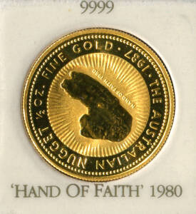 GOLD NUGGET SERIES; 1987, $50.00, &frac12;oz, "Hand of Faith". Carded.