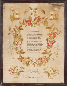 SAMPLER: c1830 embroidered silk by Martha Hardman aged 12 years. Floral motif with butterflies surrounding a verse entitled "Resignation". 19th century framing (glass damaged). Rare in silk showing some age, 68 x 53cm overall. Good condition.